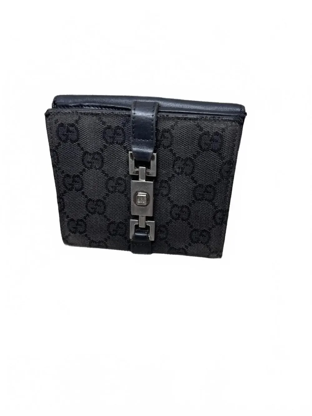 Gucci GG Black Monogram Canvas bi-fold Wallet w leather trim Silver-Tone Accent